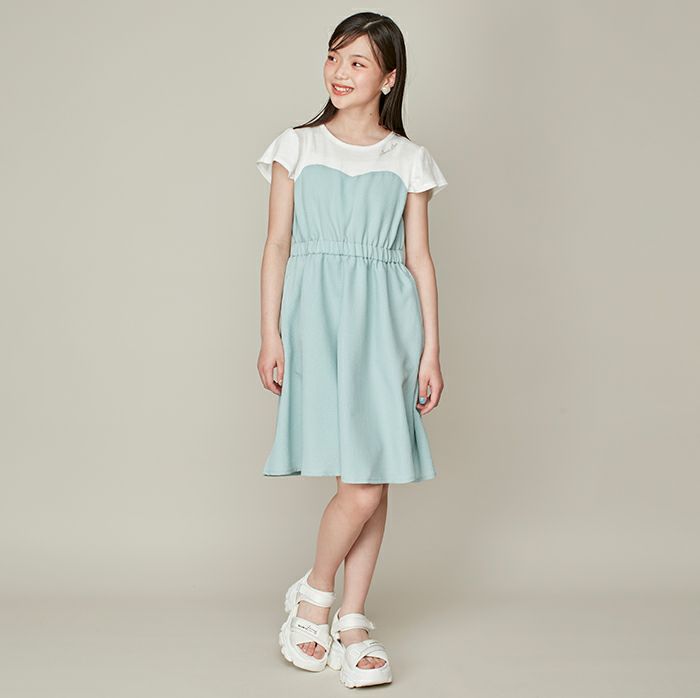 ウエスト調整可能】ふくれジャガードドッキングワンピース の
