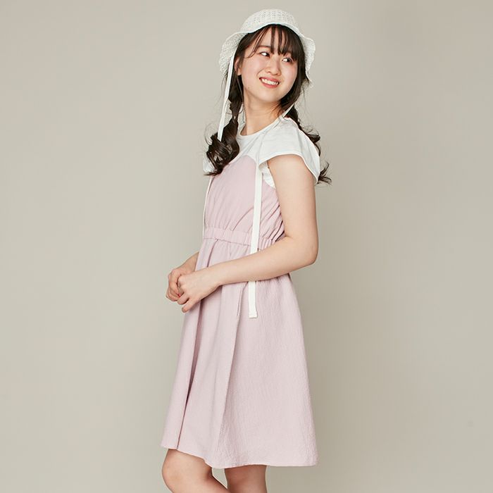 ウエスト調整可能】ふくれジャガードドッキングワンピース の